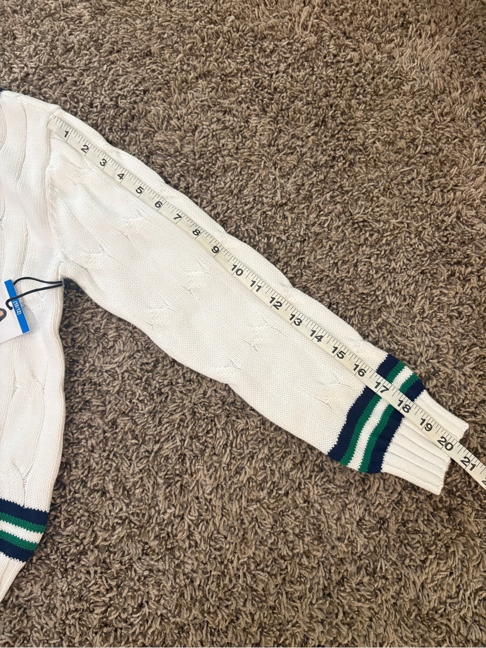 Wilson White Cable Knit V‑Neck Sweater with Green & Navy Stripes - Picture 10 of 10